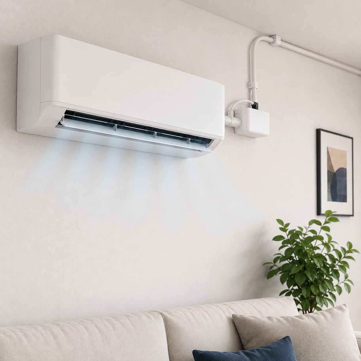 Pompe de relevage installee pres d'une climatisation murale