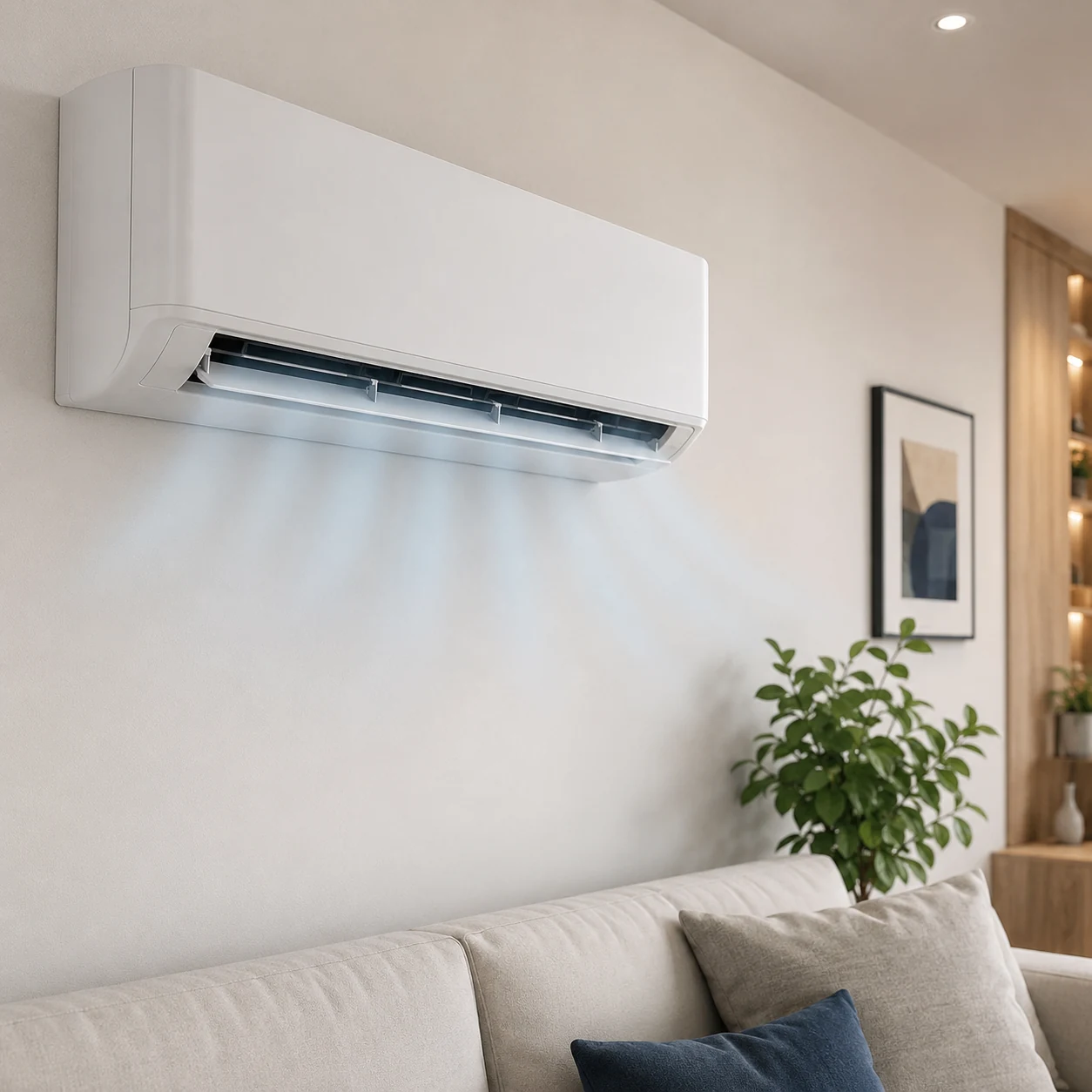 Unite interieure de climatisation installee au-dessus d'un canape